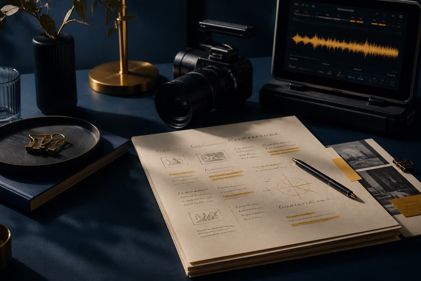 A marked-up brief beside production equipment