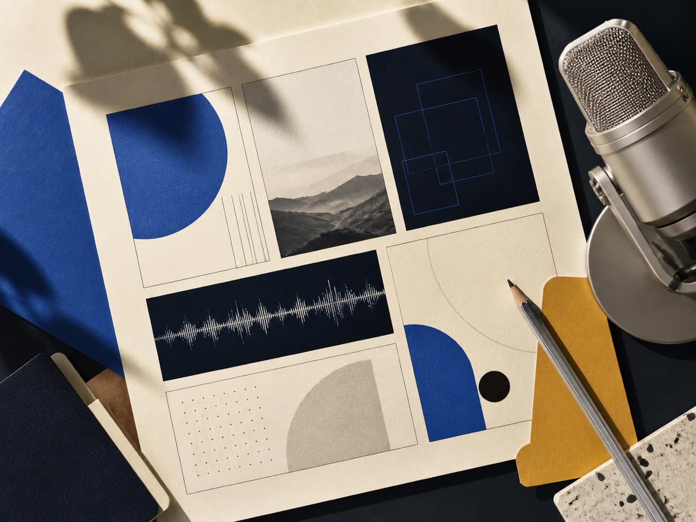 Storyboard studies arranged on a creative board