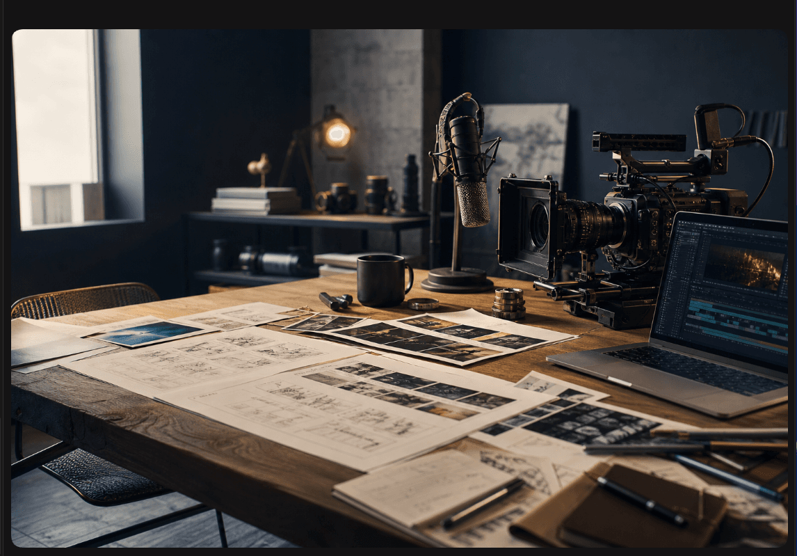Storyboards, production equipment, and an editing timeline arranged across a work table